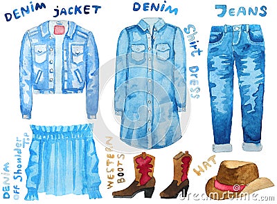 Denim collection. Hand drawn watercolor illustration. Cartoon Illustration