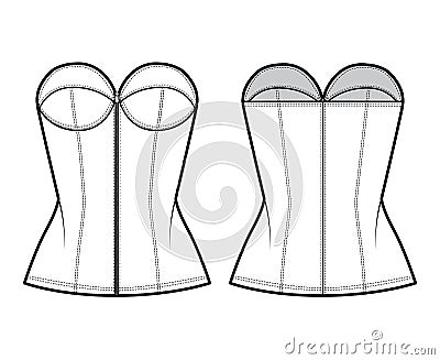 Denim corset top bustier technical fashion illustration with basque, strapless, zip-up closure, cups, fitted body. Flat Vector Illustration