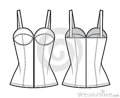 Denim corset top bustier technical fashion illustration with basque, thin straps, zip-up closure, cups, fitted body. Vector Illustration