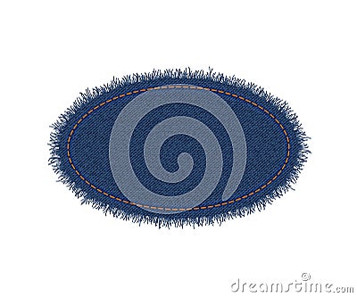 Denim ellipse shape with seam. Torn jean patch with stitches. Vector realistic illustration on white background Vector Illustration