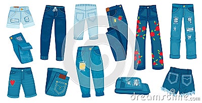 Denim jean pants. Trendy fashion female jeans. Cartoon ripped shorts and trousers with patches and texture. Casual style Vector Illustration