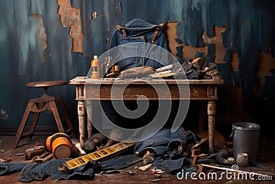 denim jeans being distressed with tools Stock Photo