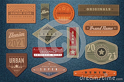 Denim labels. Graphic leather badge and textured background, authentic embroidery typography jeans clothes fashion print Stock Photo