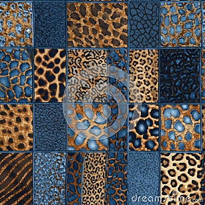 Denim Mosaic Featuring Animal Prints and Varied Textures Stock Photo