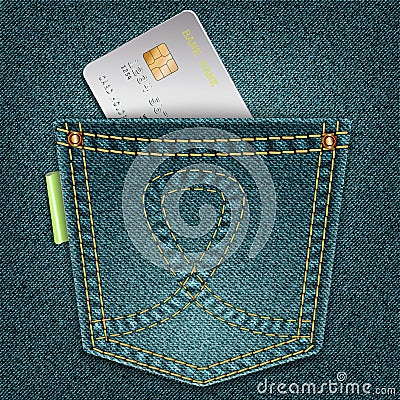 Denim pocket with credit card on a gray background. Vector Illustration