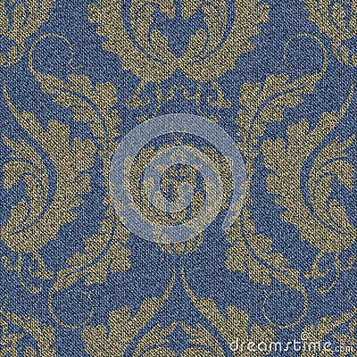 Denim seamless pattern with a gold Damascus print. Blue background with a large floral ornament. Vector Illustration