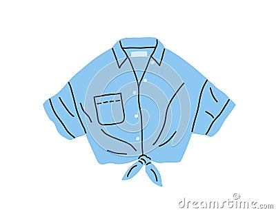 Denim shirt with tied knot. Women jeans clothes with pocket and buttons. Summer casual fashion garment for woman. Trendy apparel. Vector Illustration