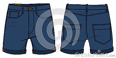 Denim Shorts design flat sketch vector illustration, Chino casual shorts concept with front and back view, printed walking bermuda Vector Illustration