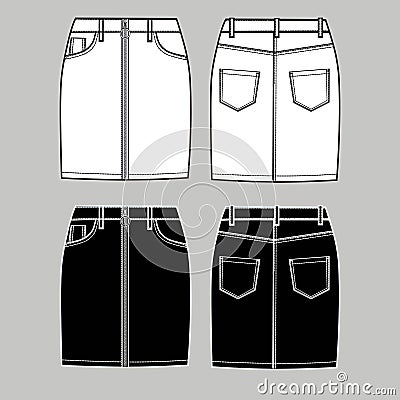 Denim skirt technical sketch with metal zipper, front and backin white and black colors Vector Illustration