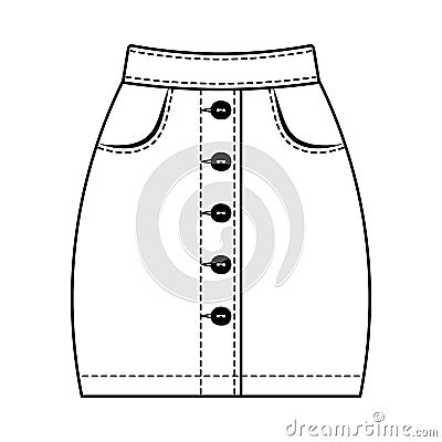 Denim skirt women`s, technical drawing. Mini skirt isolated on a white background. Fashion women jeans clothes Vector Illustration