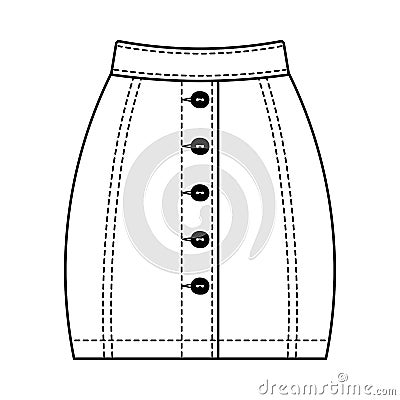 Denim skirt women`s, technical drawing. Mini skirt isolated on a white background. Fashion women jeans clothes Vector Illustration