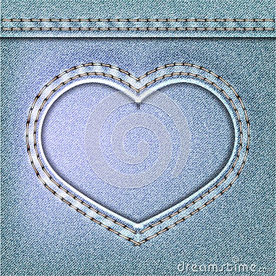 Denim Valentines day background. Embroidered Jeans heart. Vector Illustration