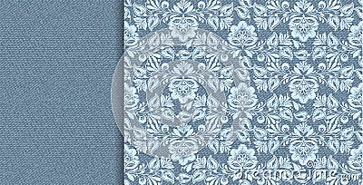 Denim vector floral lace in indigo abstract style on blue background. Decorative floral seamless pattern. Vector Illustration