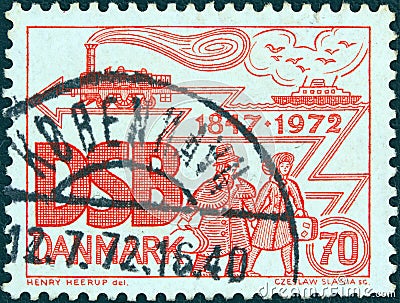 DENMARK - CIRCA 1972: A stamp printed in Denmark shows Locomotive Odin, Ship and Passengers, circa 1972. Editorial Stock Photo