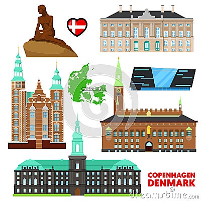 Denmark Copenhagen Travel Set with Architecture and Flag Vector Illustration