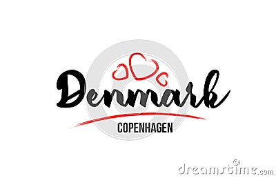 Denmark country with red love heart and its capital Copenhagen creative typography logo design Vector Illustration