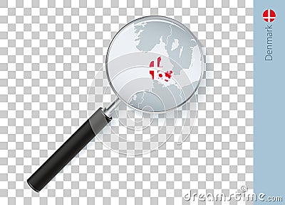 Denmark map with flag in magnifying glass on transparent background Vector Illustration