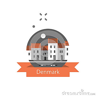 Tourism in Europe, Denmark travel destination, Copenhagen row of houses by water, Nyhavn street with canal, famous landmark Vector Illustration