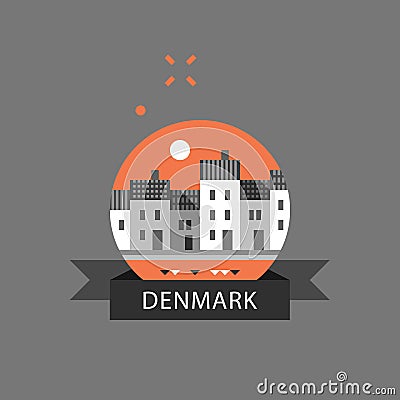 Tourism in Europe, Denmark travel destination, Copenhagen row of houses by water, Nyhavn street with canal, famous landmark Vector Illustration