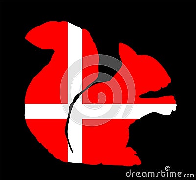 Denmark vector flag over squirrel silhouette illustration isolated on black background. Cartoon Illustration