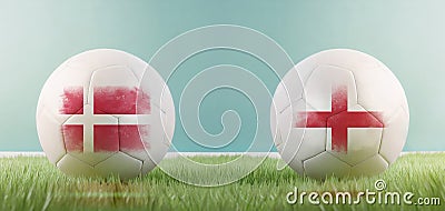 Denmark vs England football match infographic template for Euro 2024 matchday scoreline announcement. Two soccer balls with Cartoon Illustration