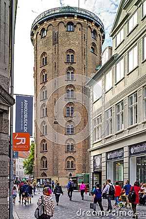 Denmark - Zealand region - Copenhagen city center - Round Tower, 17 century historical astronomical observatory located by the Ho Editorial Stock Photo