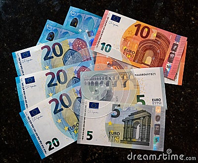 Denominations of â‚¬20, â‚¬10 and â‚¬5 notes. Issued by the Stock Photo