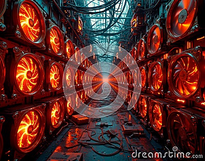A dense array of blockchain mining rigs with glowing GPU forests, fiery orange heat sinks, tangled power cables, and a dystopian Stock Photo