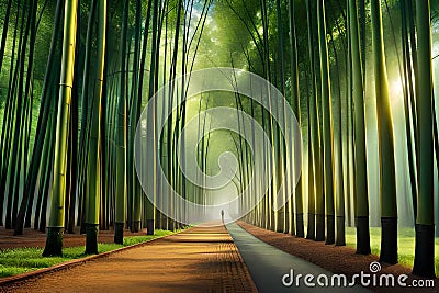 A dense bamboo forest with shafts of sunlight breaking through the canopy Stock Photo