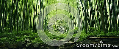 A dense bamboo grove, swaying rhythmically under the caress of a gentle breeze. Stock Photo