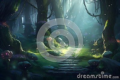 Dense dark fantasy forest with big trees and footpath. The magical atmosphere of the forest, fairy forest, magic light. AI Stock Photo