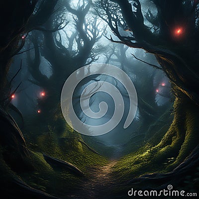 a dense dark forest with twisted trees and glowing eyes peering from the shadows trending on art Stock Photo