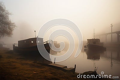 Dense dense fog cloud over the river bridge, architecture in a smoky effect. AI generated. Stock Photo