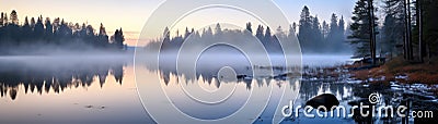 Dense Fog Enveloping A Tranquil Lake At Dawn. Banner For Web. Generative AI Stock Photo