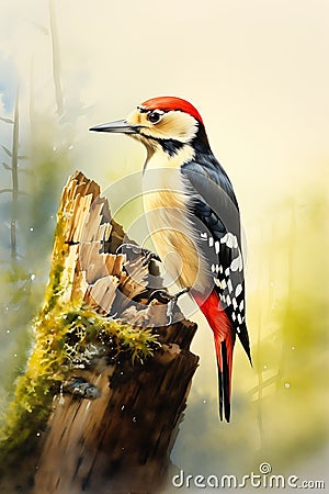 Nature's Carpenter: A Majestic Bird Perched on a Forest Stump, W Cartoon Illustration