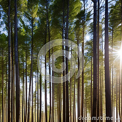 A dense forest of tall, slender trees stretching towards a hazy, sunlit sky1, Generative AI Stock Photo