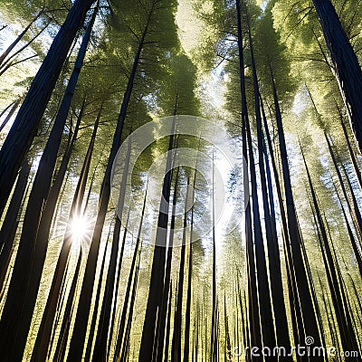 A dense forest of tall, slender trees stretching towards a hazy, sunlit sky2, Generative AI Stock Photo