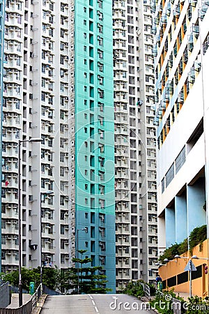 Dense high-rise public housing at HK with colorful wall Stock Photo