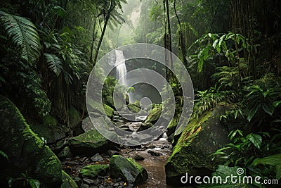 Dense Jungle with Hidden Waterfalls Glimpse into a Pristine Paradise Stock Photo