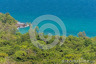 Dense jungle shore line meets tranquil blue sea Stock Photo