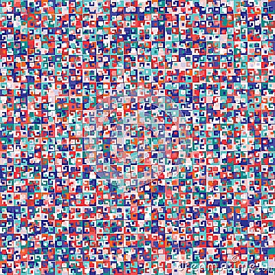 Dense Packed Noise Close Up Mini Pixel Grid Mosaic Texture Background. Classic Blue Red White Abstract Macro Seamless Pattern. Stock Photo