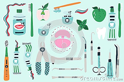 Dental accessories kit for cleaning and treating teeth Vector Illustration