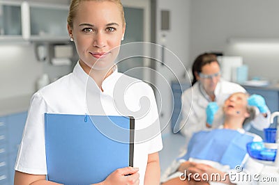 Dental assistant dentist checkup woman patient Stock Photo
