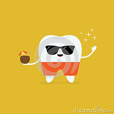 Dental on the beach. Tooth with sunglasses and cocktail. Dental Tourism. Flat design cartoon style Vector Illustration