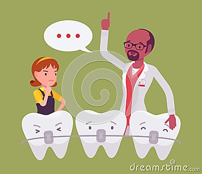 Dental braces, child girl and dentist doctor consultation Vector Illustration