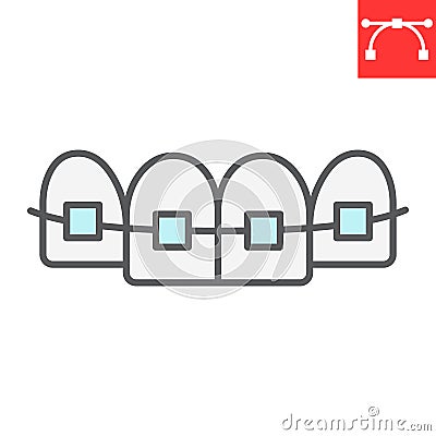 Dental braces color line icon, dental and stomatolgy, teeth with braces sign vector graphics, editable stroke filled Vector Illustration