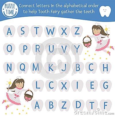 Dental care ABC game with cute characters. Dentist medicine alphabet activity for preschool children. Choose letters from A to Z Vector Illustration