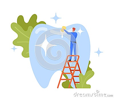 Dental Care Concept. Tiny Dentist Character in Medical Robe Cleaning and Brushing Huge Tooth. Doctor Mop Shining Plaque Vector Illustration