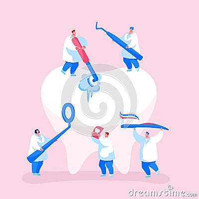 Dental Care Concept. Tiny Dentists Characters in Medical Robe Cleaning and Brushing Huge Teeth Vector Illustration