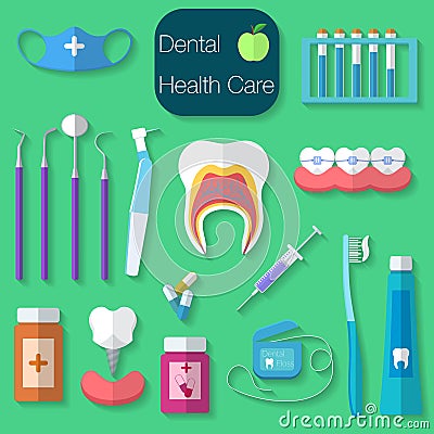 Dental care flat design Vector illustration with Dental floss, teeth, mouth, tooth paste and brush, medicine, syringe and dentist Vector Illustration